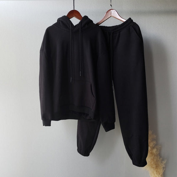 Zipper Hoodie Sweat Jacket & Sweat Pants Set - BLACK / S